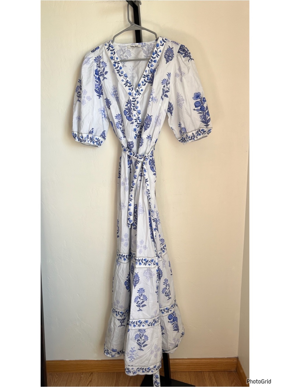 Celina Moon White Blue Floral Maxi Wrap Dress Large